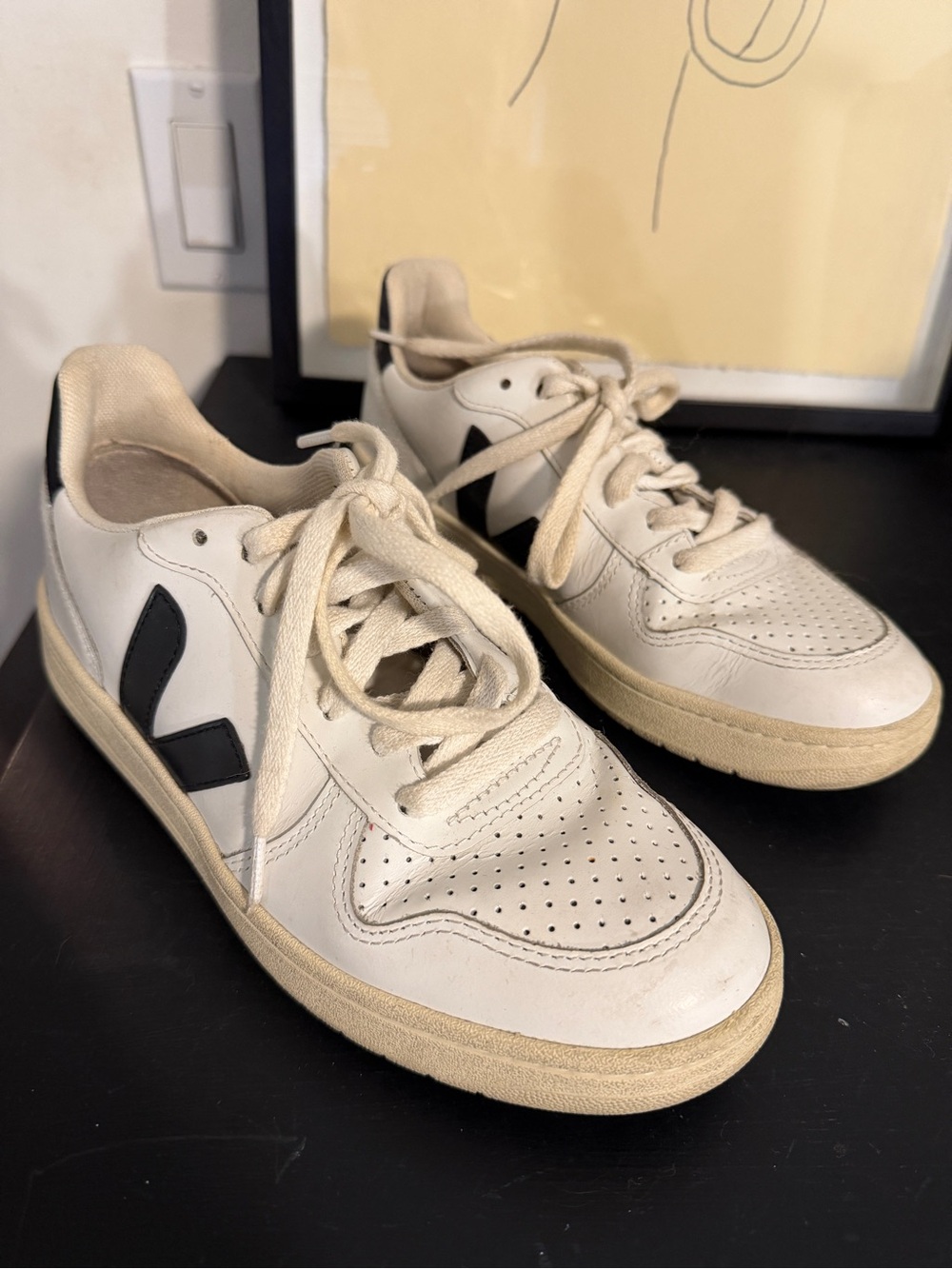 Veja White Leather Sneakers with Black V Accent- Size 6 (EUR 37)